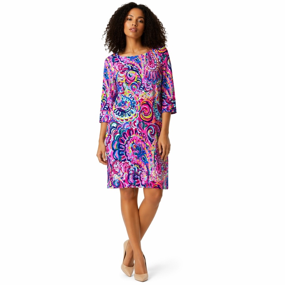 Lilly Pulitzer Multicolor Swirl Knit Dress 3/4 Sleeve Tropical Resort M